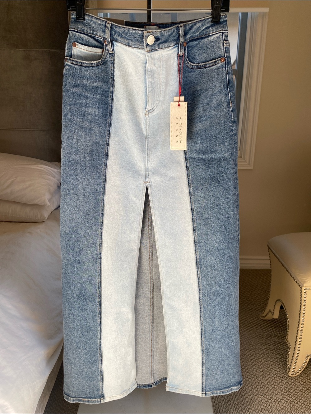 Alice + Olivia Jeans Two-Tone Blue Denim Midi Skirt with Front Slit